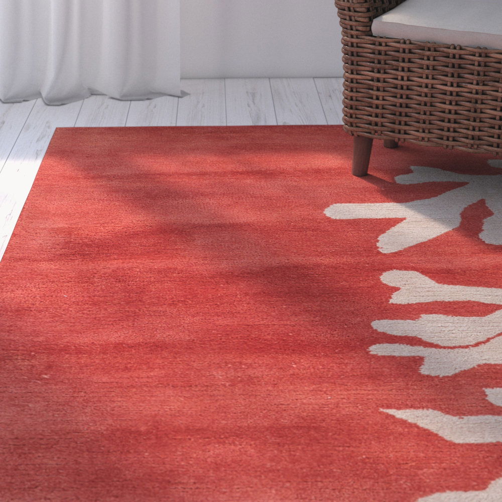 Coastal Seaside Wool Hand Tufted Orange & Ivory Area Rug large image 
