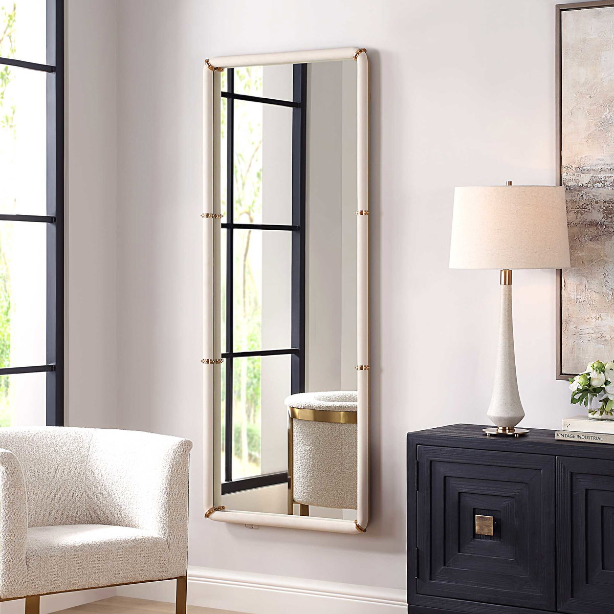Cyprus White Dressing Mirror, Floor Mirror by Uttermost, 30.5" width x 72" height x 2.87" depth View 4