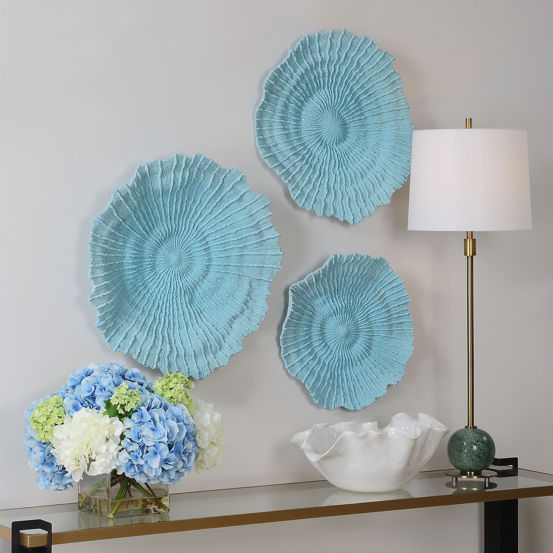 Ocean Gems Blue Wall Decor Set/3, Sculptural Wall Art by Uttermost, 22" width x 20.87" height x 3.94" depth View 2