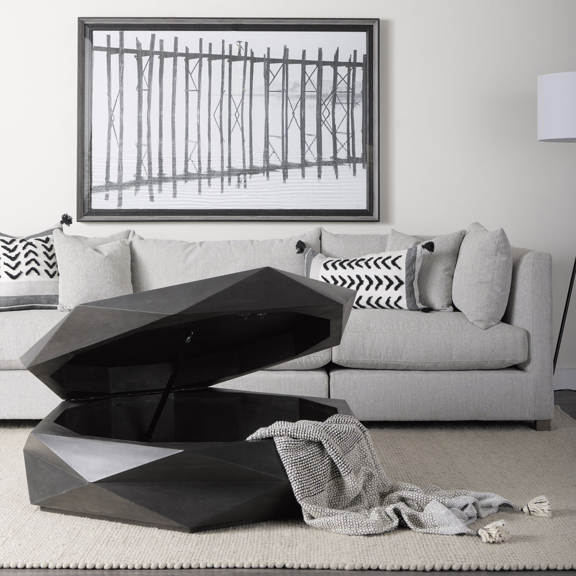 Arreto Black Solid Wood Hexagonal Storage Coffee Table, by Mercana, 48" length x 48" width x 15" height View 3