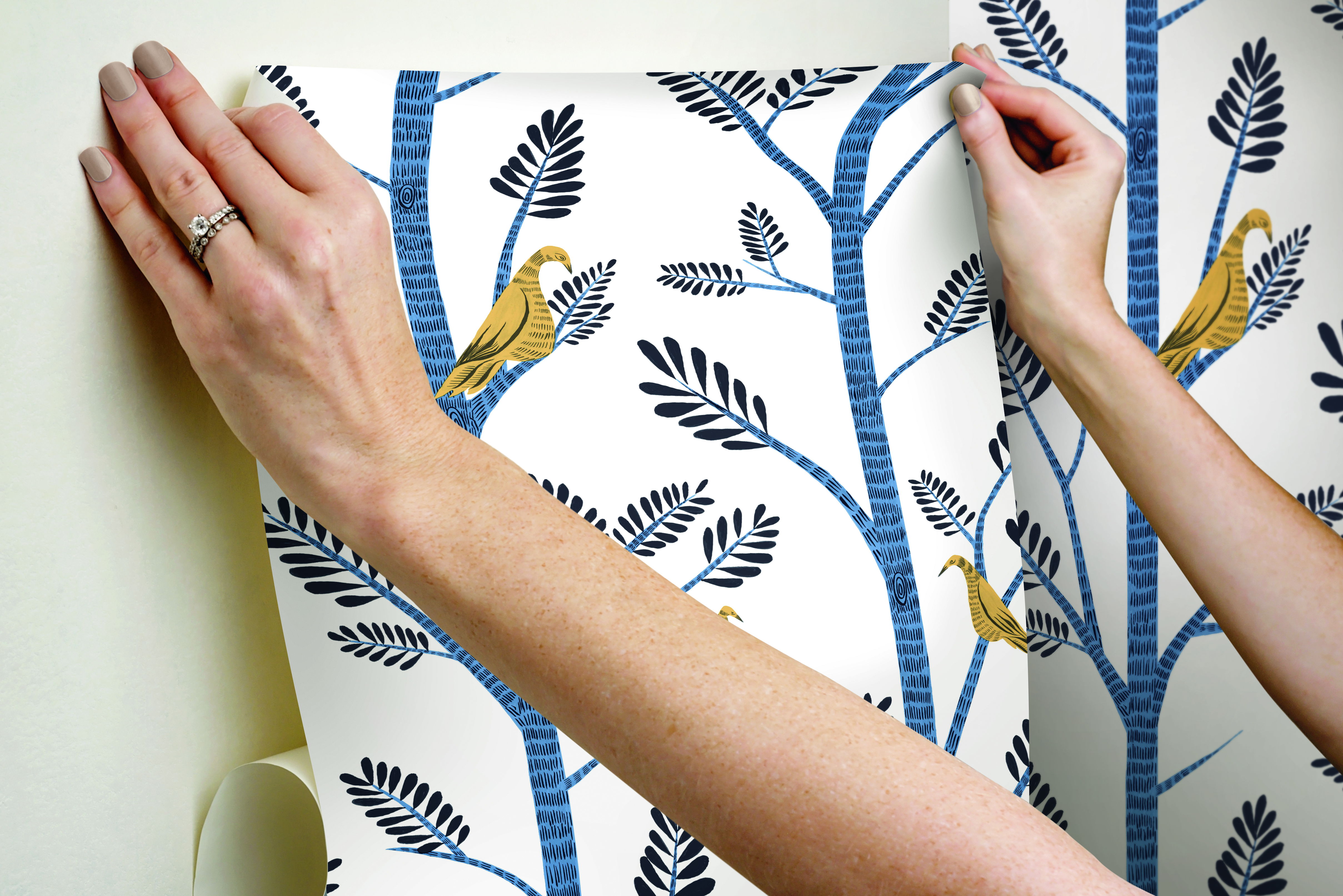 Aviary Branch Blue & Yellow Peel & Stick Wallpaper large image 