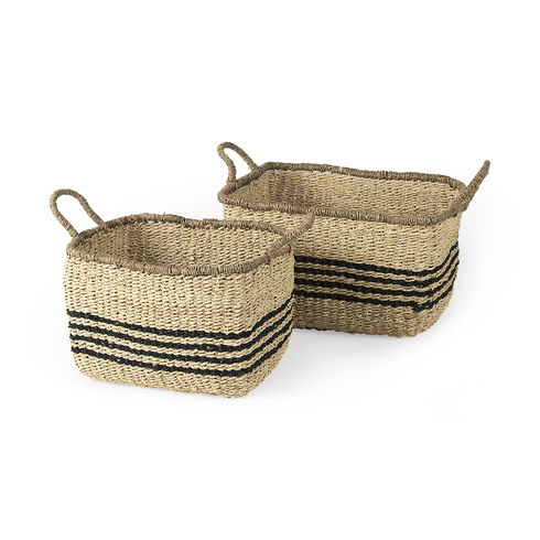 Emma  (Set of 2) Light Brown Seagrass Rectangular Basket with Black Stripes