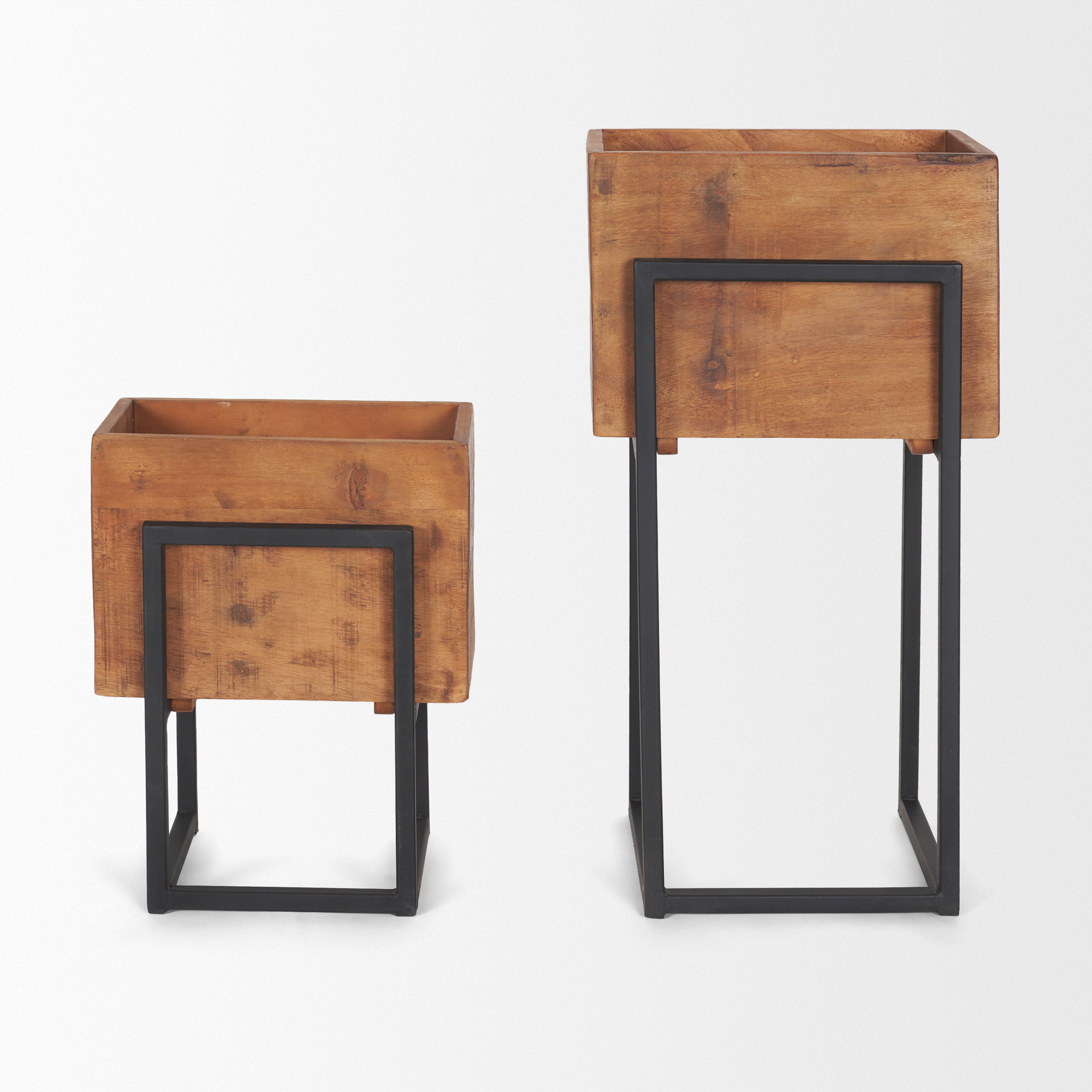 Jadine Set of 2 Medium Brown Wood with Black Metal Rectangle Frames, Planter by Mercana, 15" length x 12" width x 30" height View 7