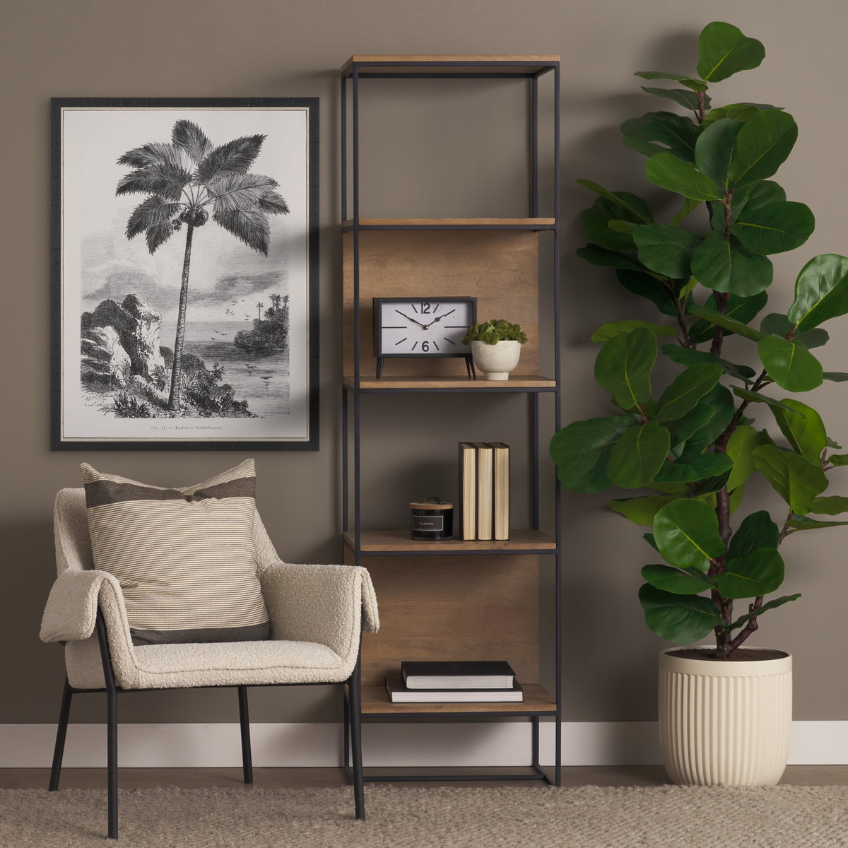 Morris 19.75 L x 15.0W x 72.5H Beige Wood with Black Metal Frame 4-Tier Shelving Unit, Shelving & Bookcase by Mercana, 19.75" length x 15" width x 72.5" height View 2