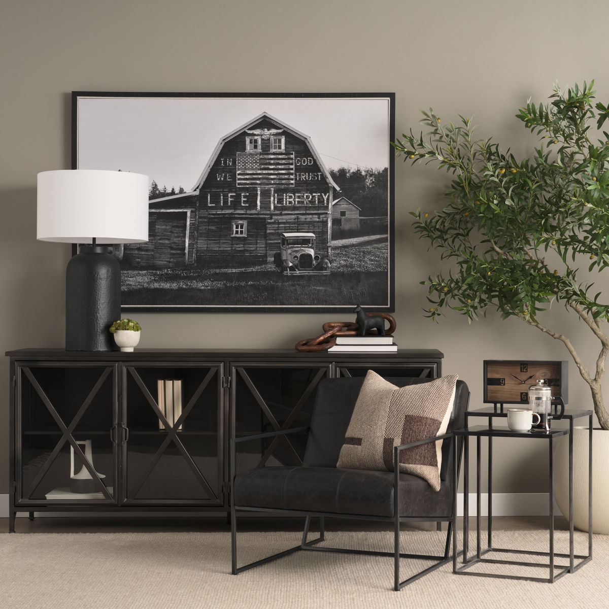 Harvey  Black Metal and Wood Rectangular Table Clock, by Mercana, 12.99" length x 4.53" width x 8.07" height View 3