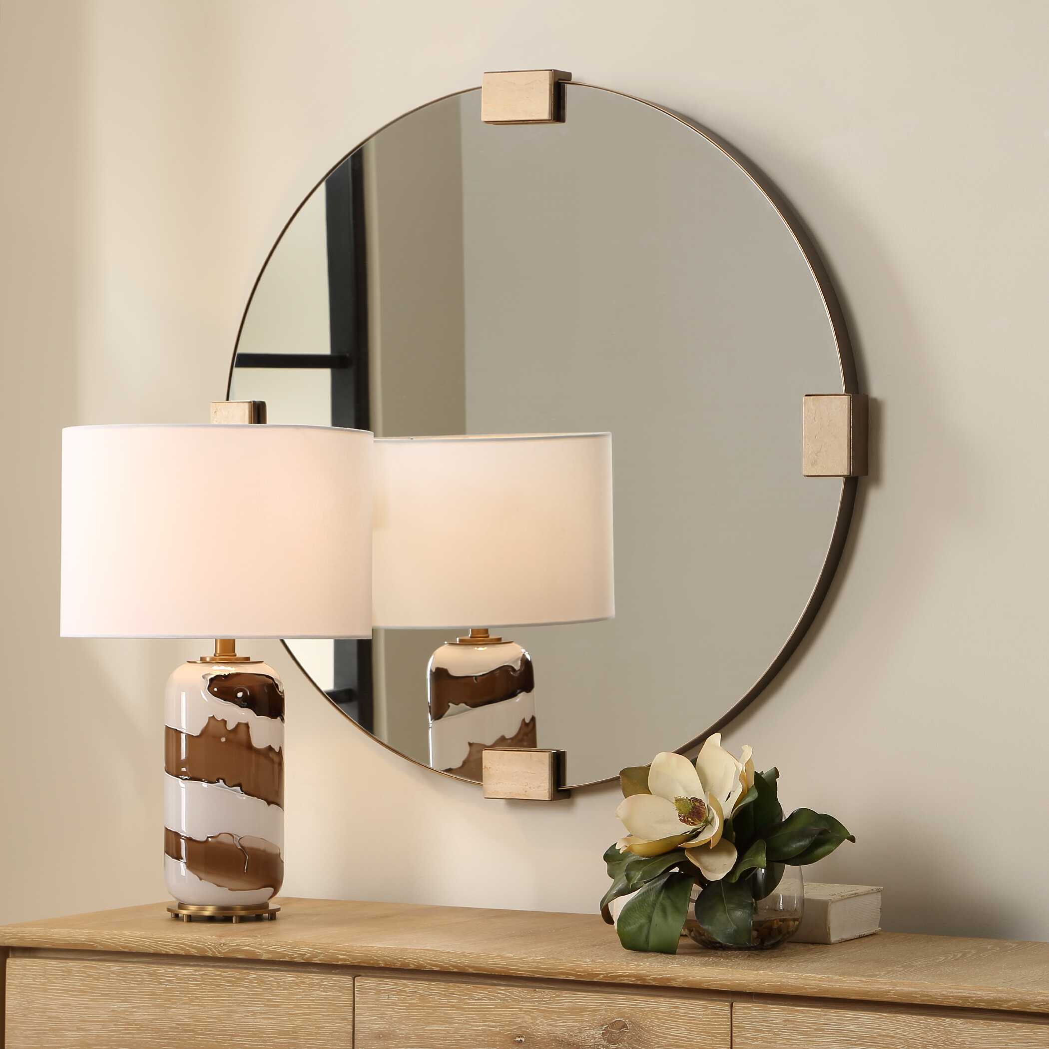 Russo Travertine Round Mirror, by Uttermost, 36.37" width x 36.37" height x 2.12" depth View 3