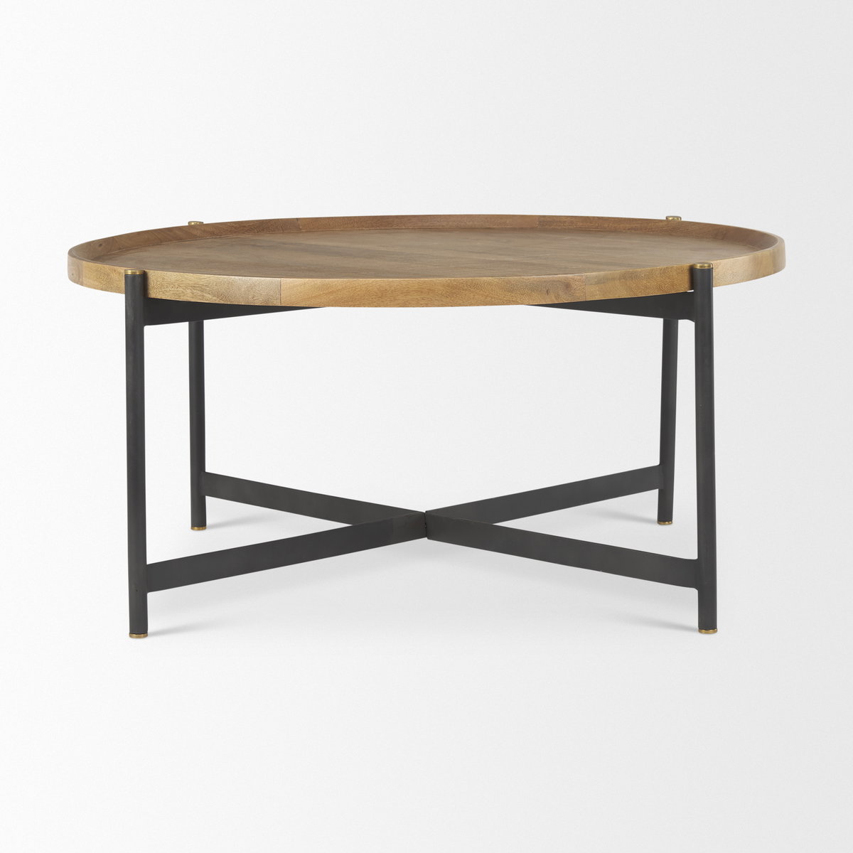 Marquisa 42' Round Medium Brown Wood with Black Metal Large Coffee Table, by Mercana, 42" length x 42" width x 19" height View 3