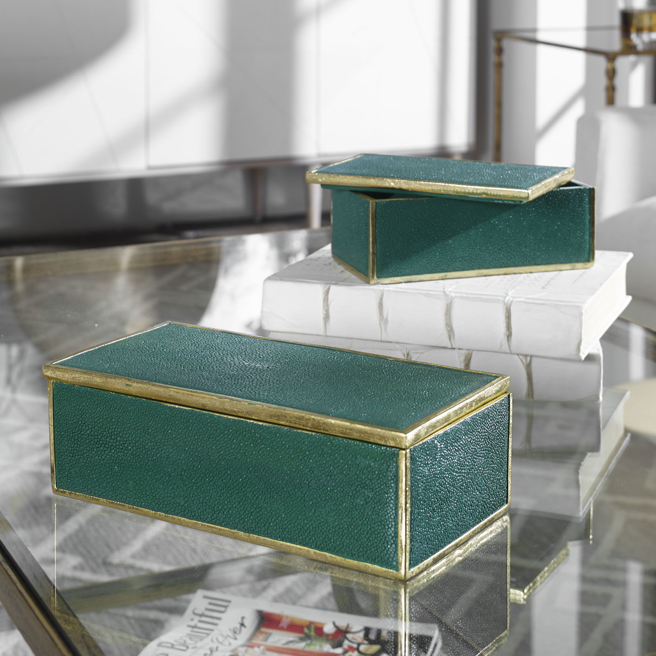 Karis Emerald Green Boxes Set/2, Decorative by Uttermost, 11.75" width x 3.75" height x 6" depth View 2