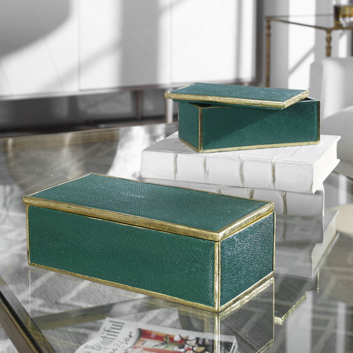 Karis Emerald Green Boxes Set/2, by Uttermost, 11.75" width x 3.75" height x 6" depth View 2