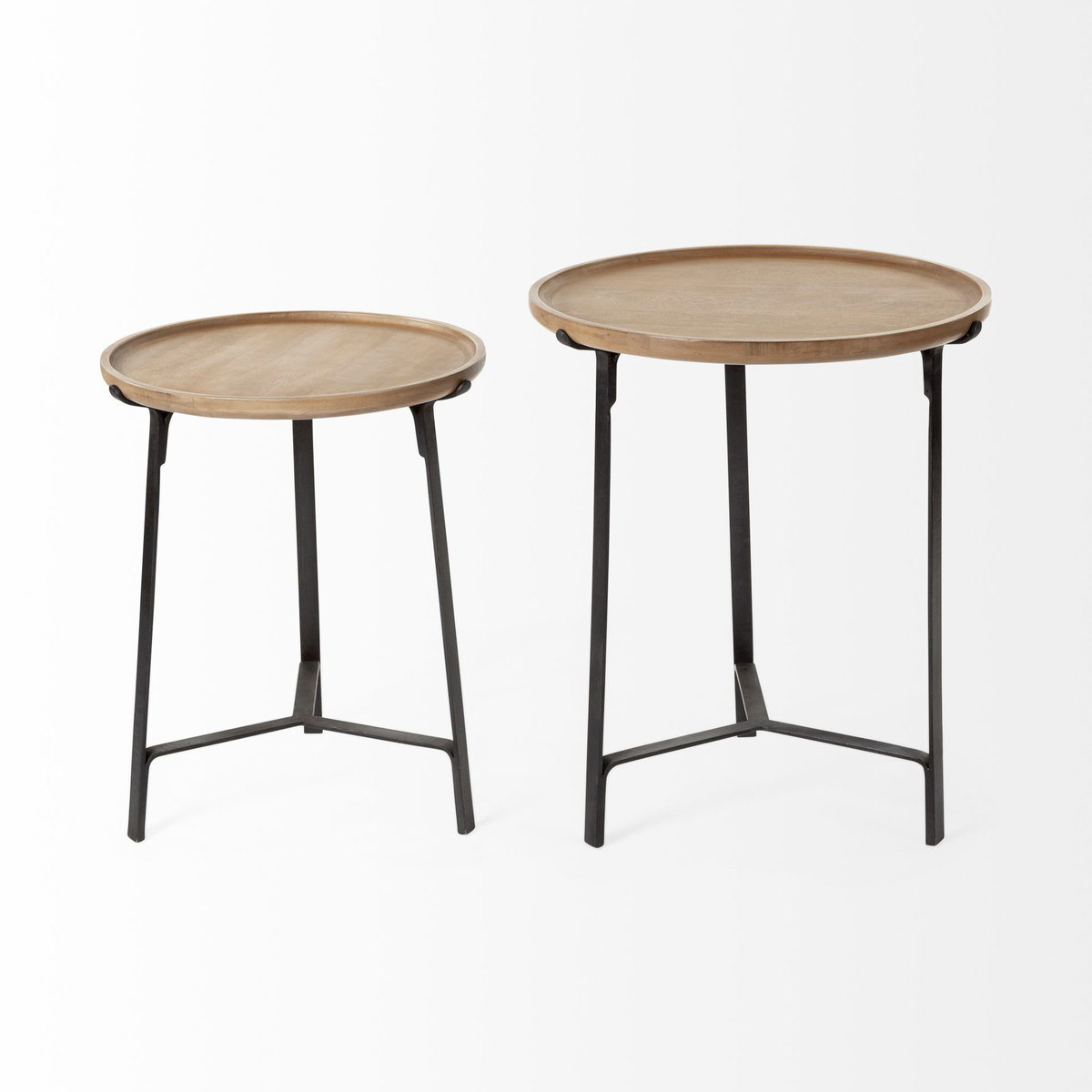 Helios III 20L x 24H Set of Two Round Brown Solid Wood Iron Base Nesting End/Side Tables, Side & End Table by Mercana, 20" length x 20" width x 24" height View 7