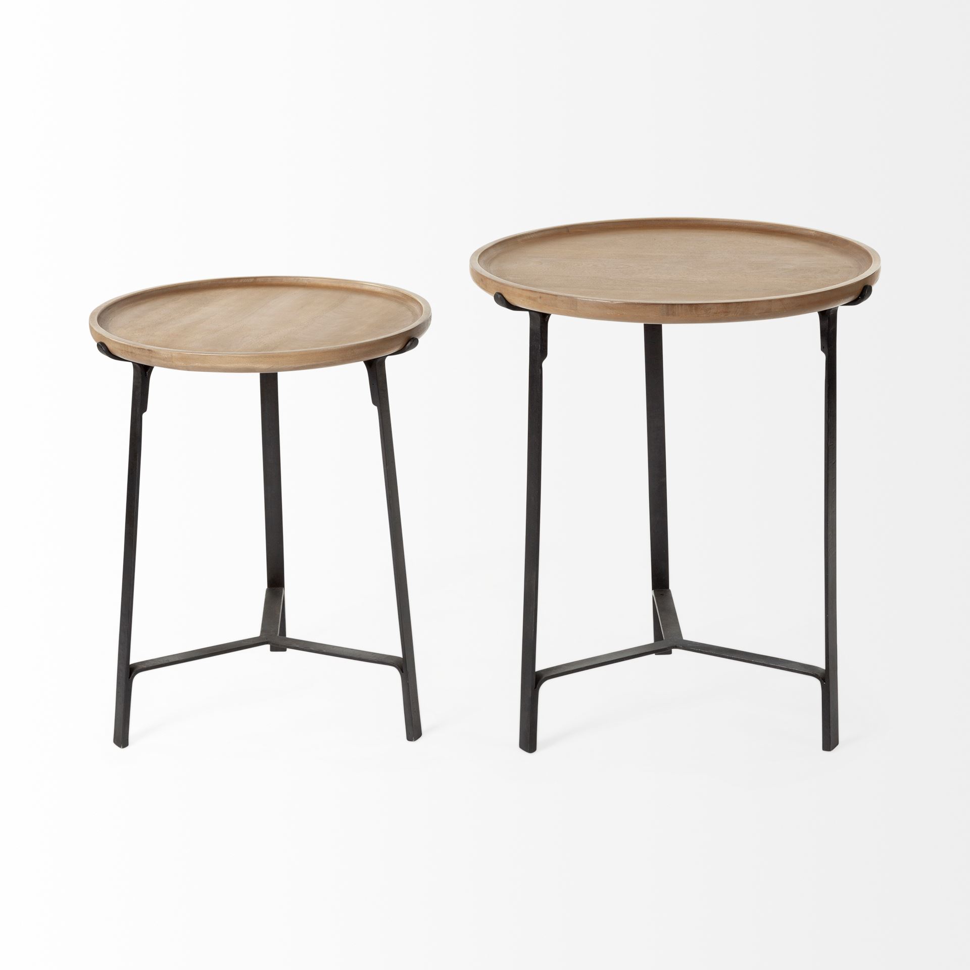 Helios III 20L x 24H Set of Two Round Brown Solid Wood Iron Base Nesting End/Side Tables large image 
