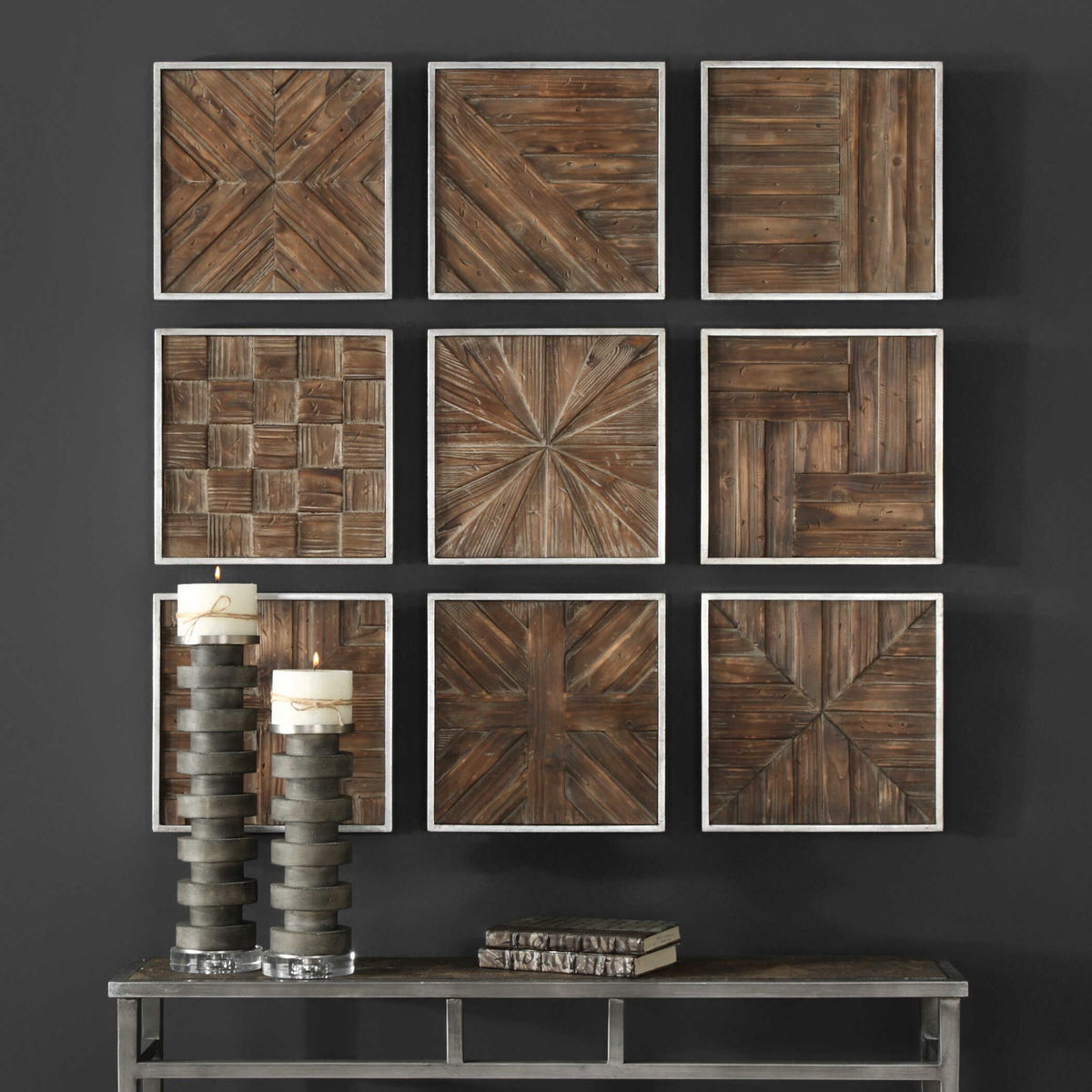 Bryndle Rustic Wooden Squares Set/9, Sculptural Wall Art by Uttermost, 12.5" width x 12.5" height x 1.25" depth View 2
