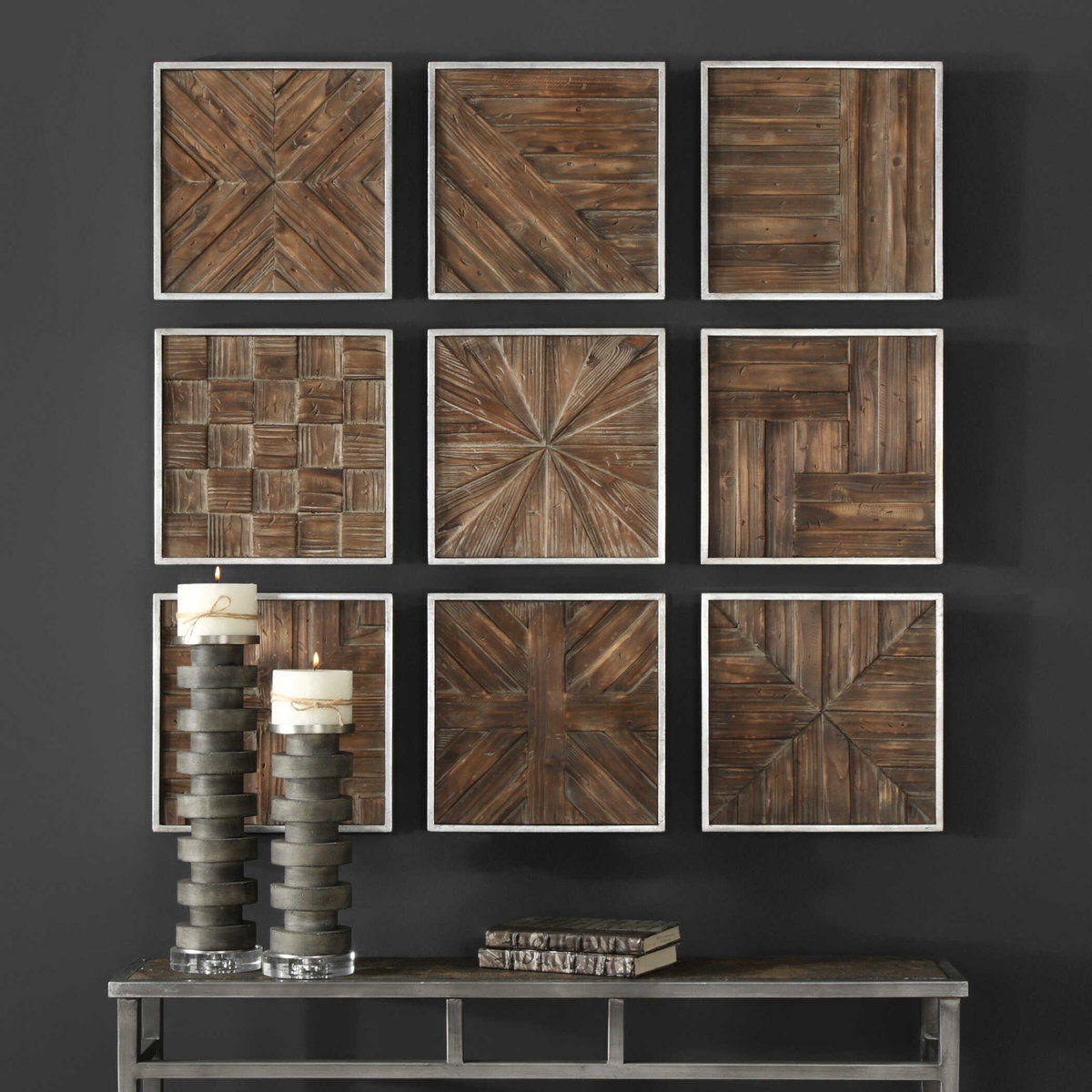 Bryndle Rustic Wooden Squares Set/9, Sculptural Wall Art by Uttermost, 12.5" width x 12.5" height x 1.25" depth View 2