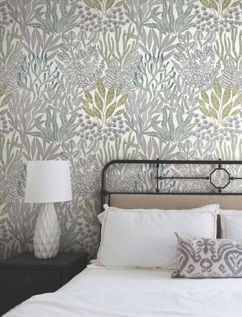 Coral Leaves Blue & Green Wallpaper