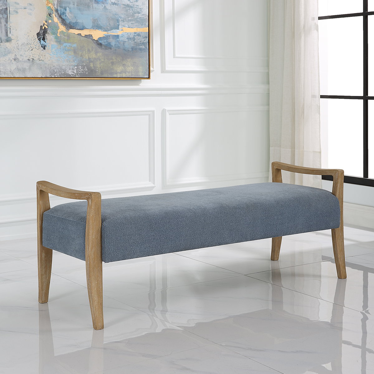 Daylight Sky Blue Bench, Benche by Uttermost, 59.25" width x 23" height x 21.5" depth View 2