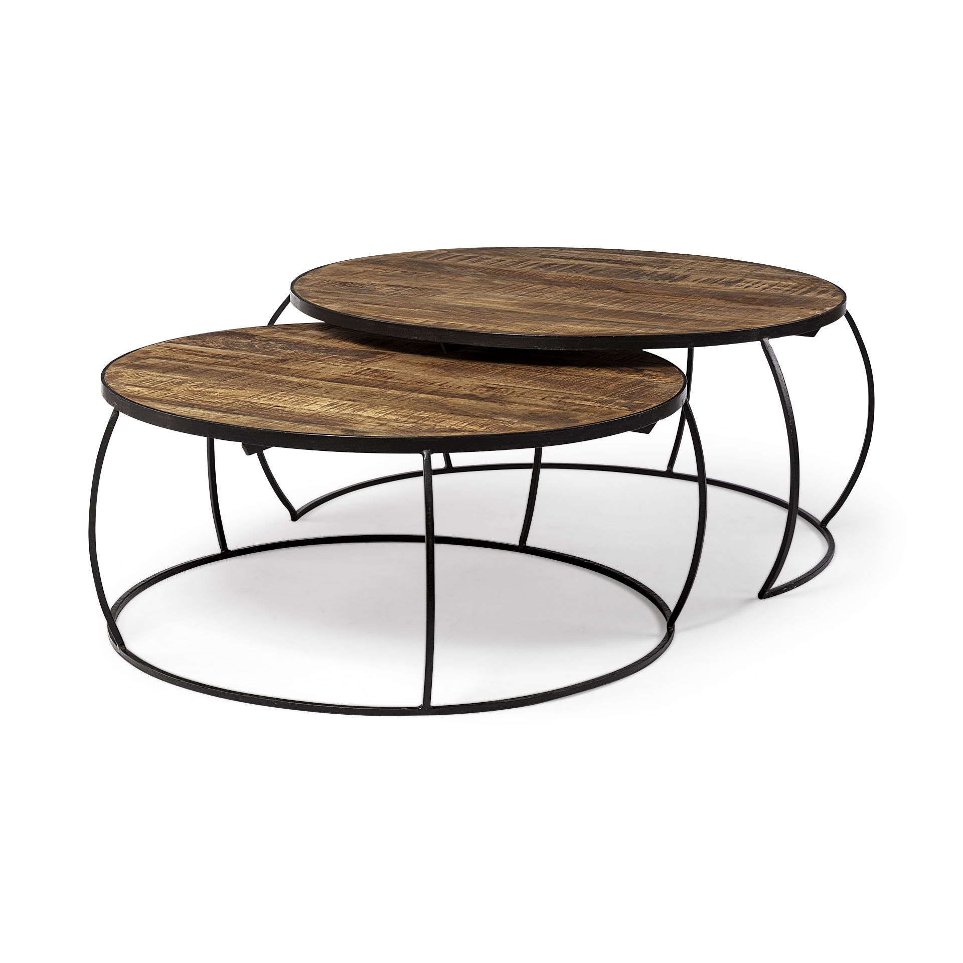 Clapp I Set of 2 (41' & 38') Round Brown Wood Top Black Iron Base Nesting Coffee Tables, by Mercana, 44" length x 44" width x 20" height View 1