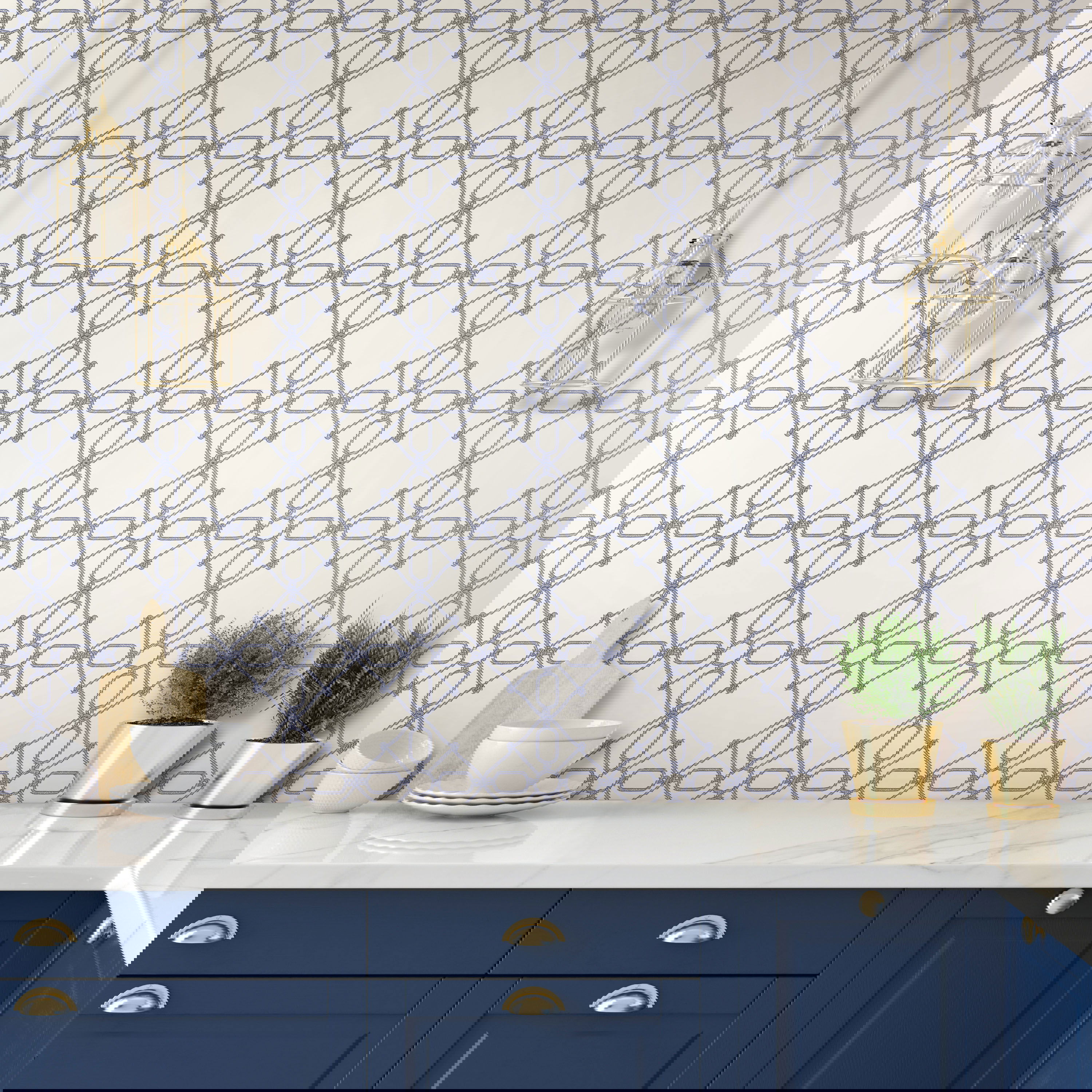Seawater Diamond Trellis Navy & White Peel & Stick Wallpaper large image 