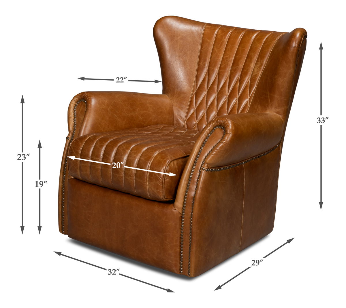 Bugatti Leather Swivel Chair  Cuba Brown, by Sarreid, 2'5" length x 2'8" width x 2'9" height View 15
