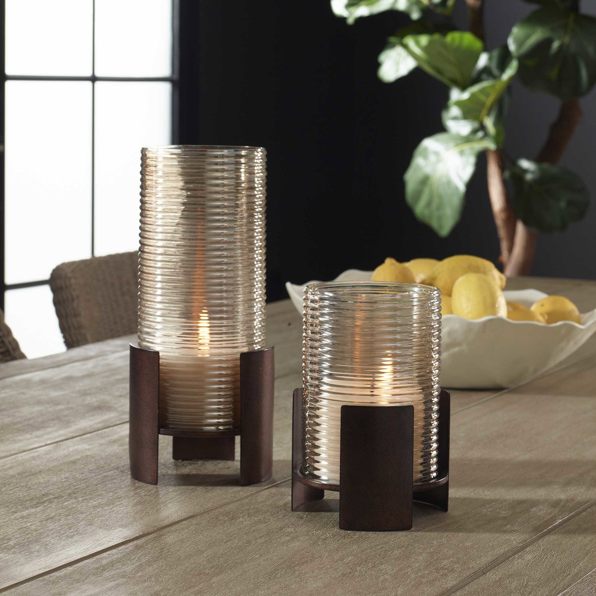 Fluted Fire Cylinder Candleholders Set/2, Candles & Candle Holder by Uttermost, 5.25" width x 12" height x 5.25" depth View 2