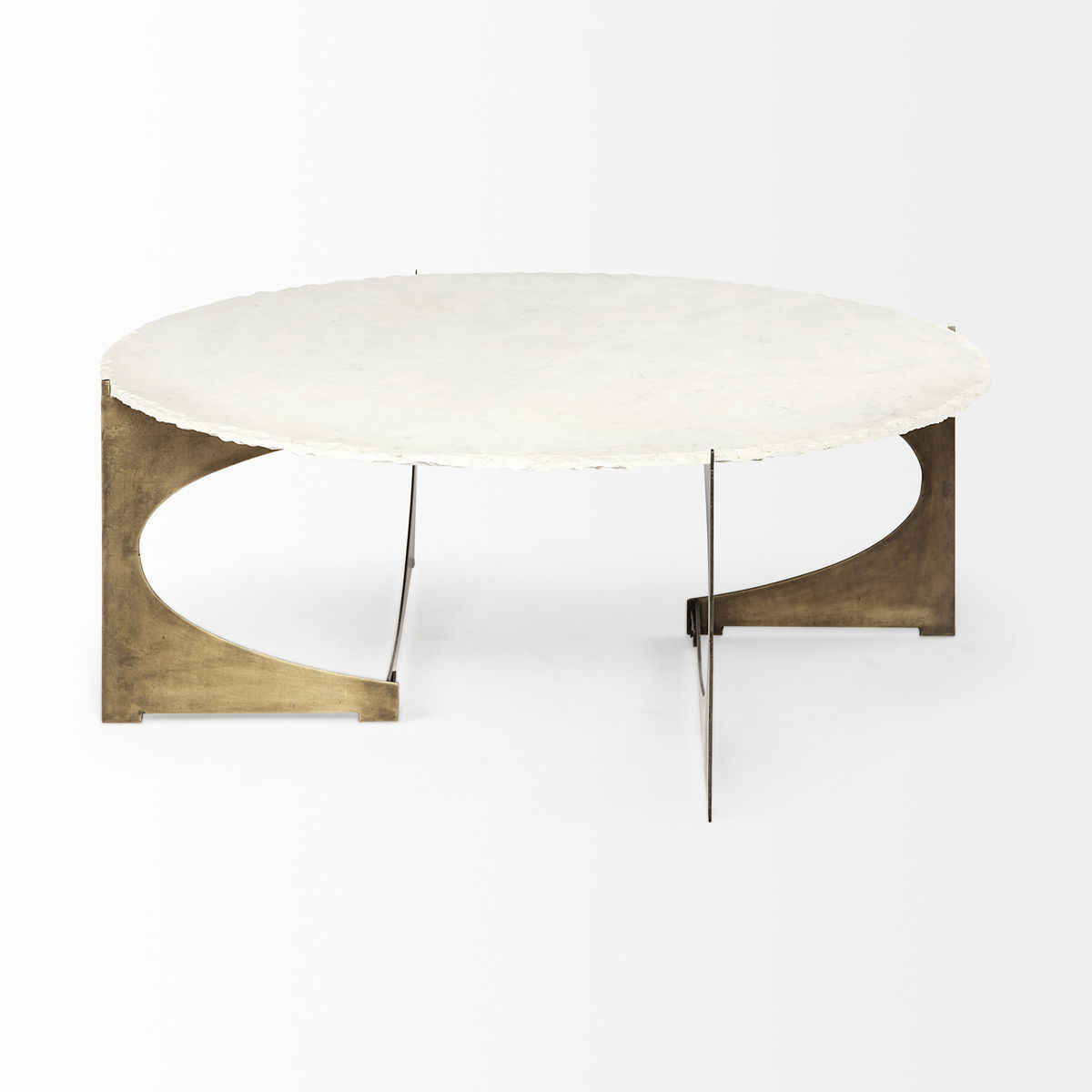 Reinhold 49' Round White Marble Top Gold Metal Base Coffee Table, by Mercana, 49" length x 49" width x 17" height View 5