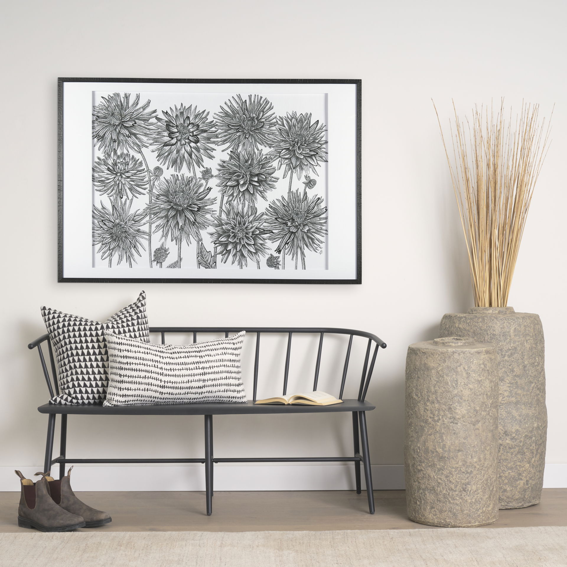 Jolie Cream with Black Print Linen Square Decorative Pillow  Cover large image 