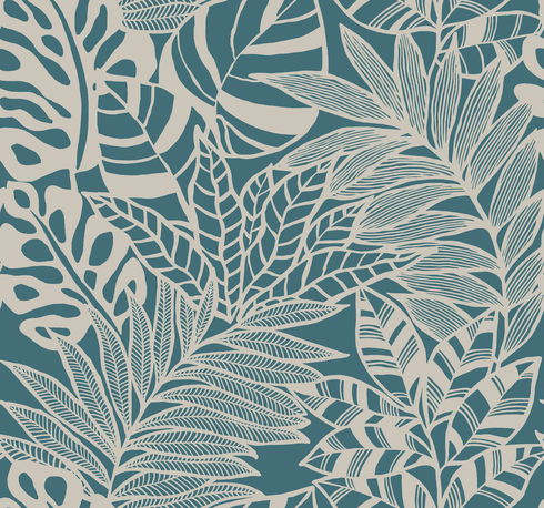 Jungle Leaves Teal Wallpaper