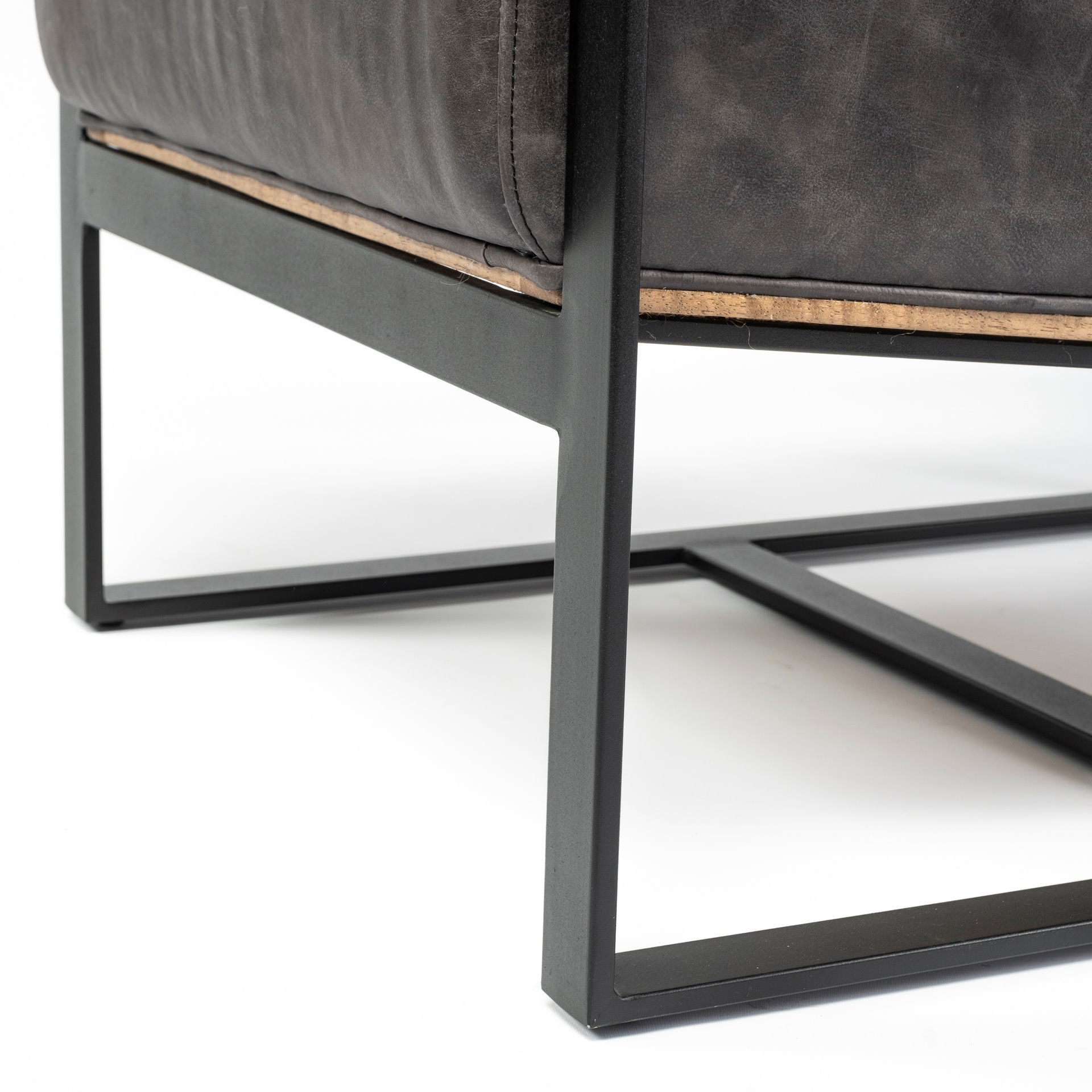 Stamford Black Genuine Leather Seat with Wood Back, Metal Frame Accent Chair, by Mercana, 24.41" length x 31.89" width x 28.94" height View 14