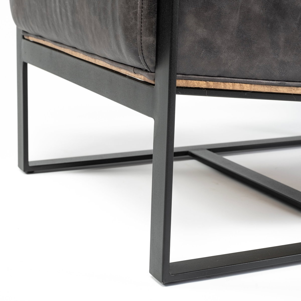 Stamford Black Genuine Leather Seat with Wood Back, Metal Frame Accent Chair, by Mercana, 24.41" length x 31.89" width x 28.94" height View 14