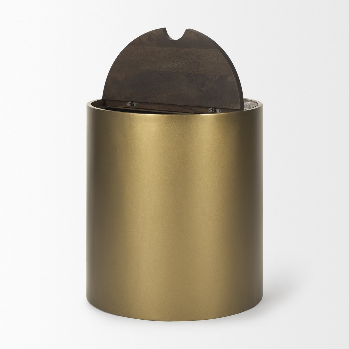 Eclipse Antique Brass Metal Drum Base with Dark Brown Wood Top End/Side Table, Side & End Table by Mercana, 20" length x 20" width x 22" height View 9