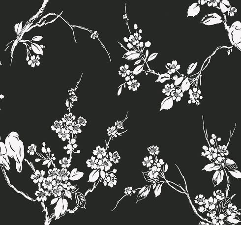 Imperial Blossoms Branch Black & White Wallpaper