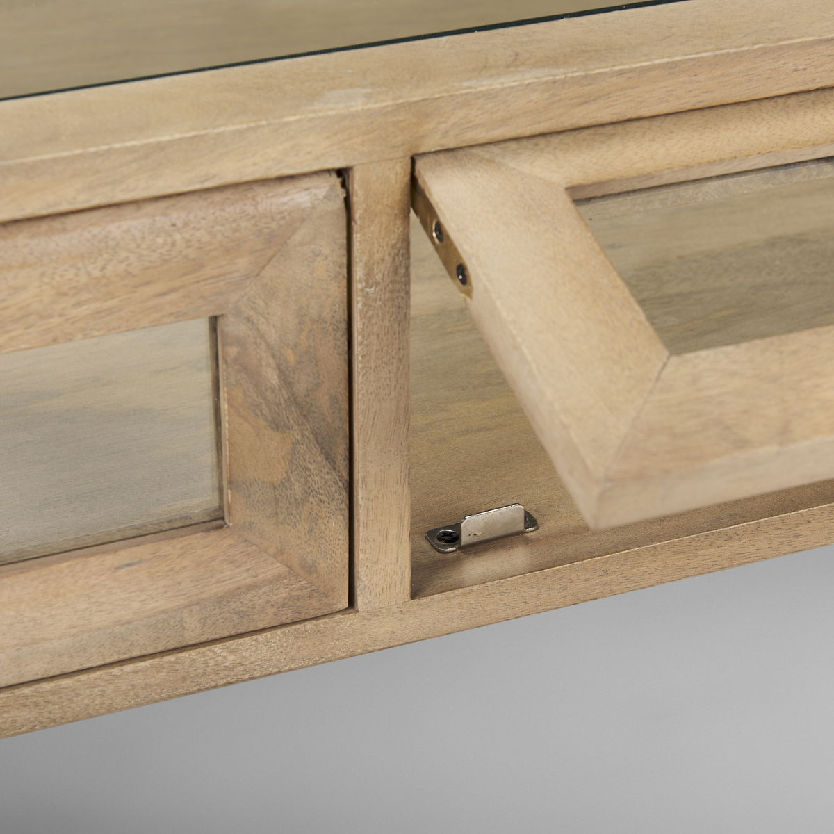 Arelius 49.5'L Rectangular Light Brown Wood with Black Metal Base Display Coffee Table, by Mercana, 49.5" length x 29.5" width x 15" height View 8