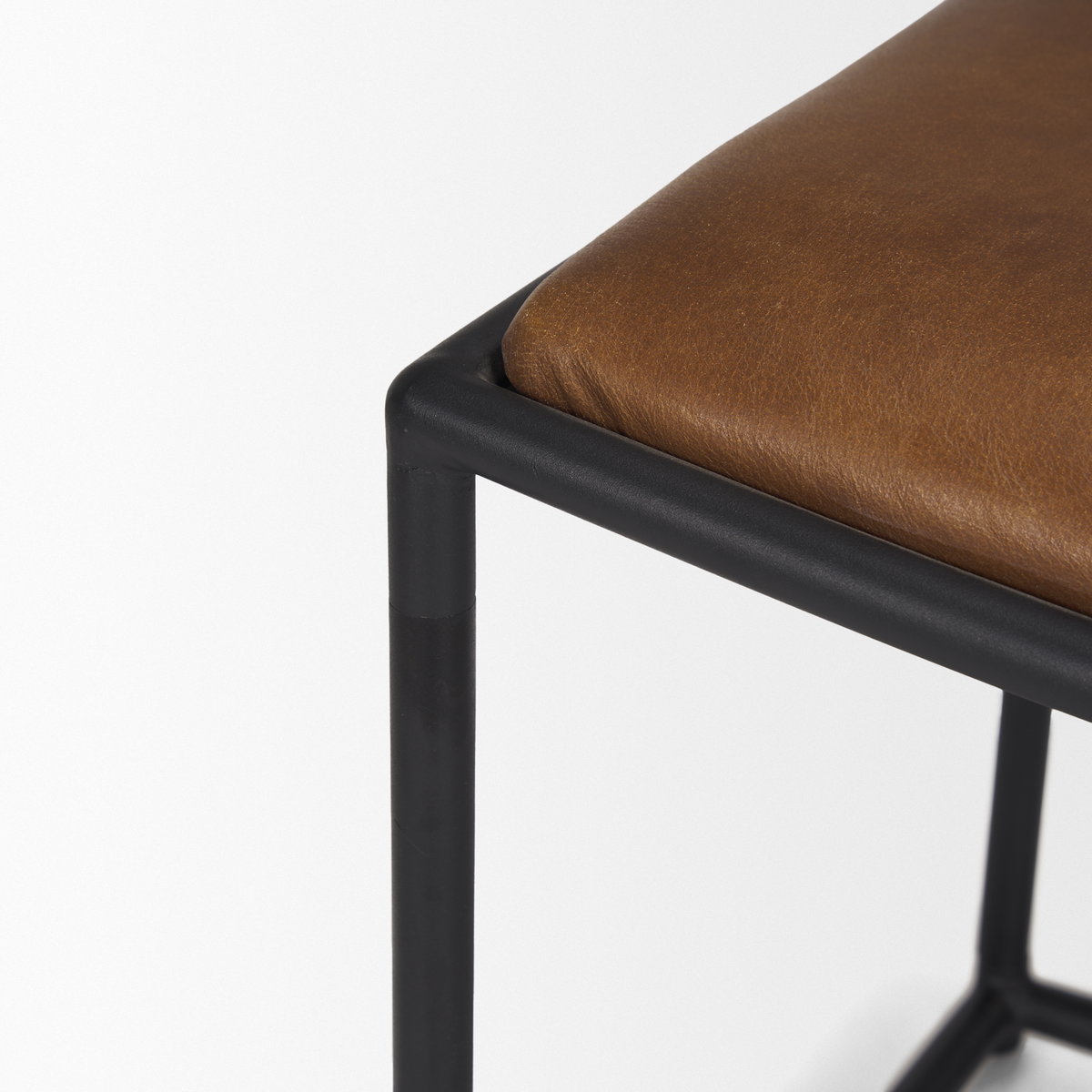 Taniel Brown Leather with Black Metal Stool, Ottoman by Mercana, 23.25" length x 16" width x 17.5" height View 7