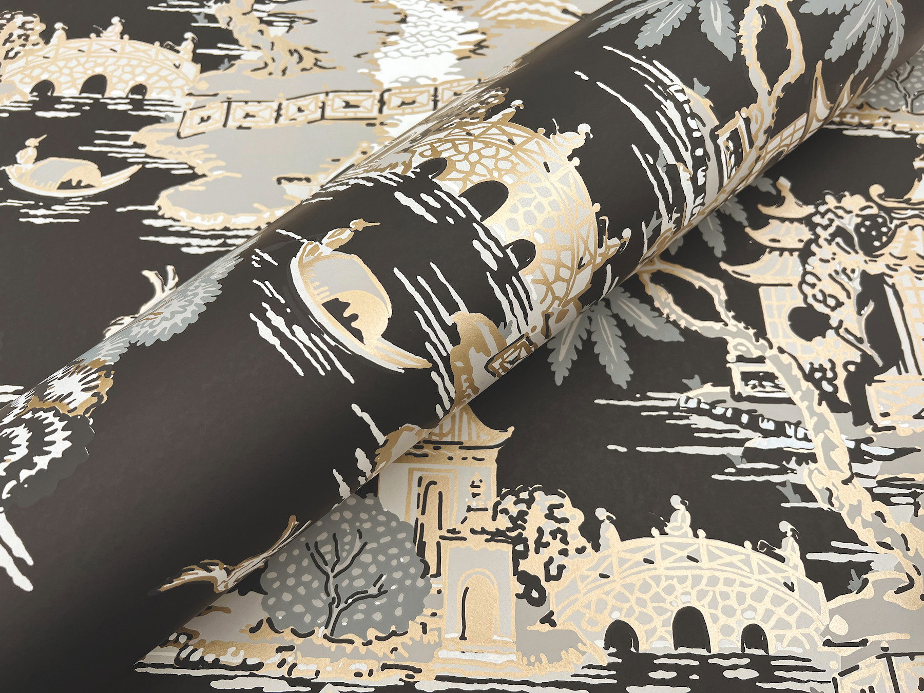 Pagoda And Sampan Scenic Black Wallpaper, by York Wall, 27' length x 2'3" width x 0.02" depth View 5