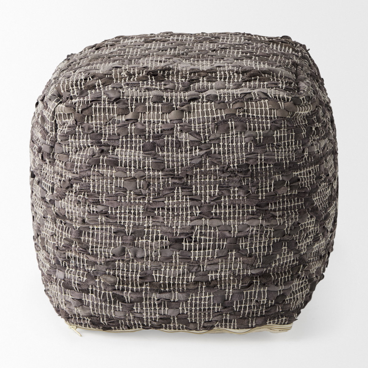 Falguni  Gray Leather and Cotton Patterned Pouf, Ottoman by Mercana, 16" length x 16" width x 16" height View 2