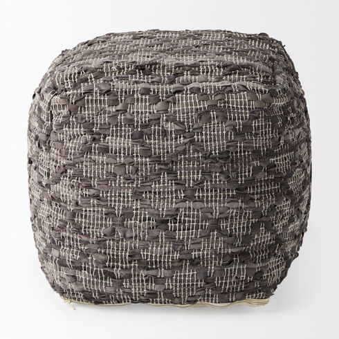 Falguni  Gray Leather and Cotton Patterned Pouf
