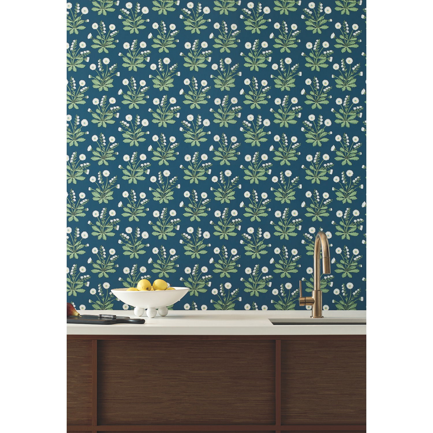 Meadow Flowers Navy & White Wallpaper large image 