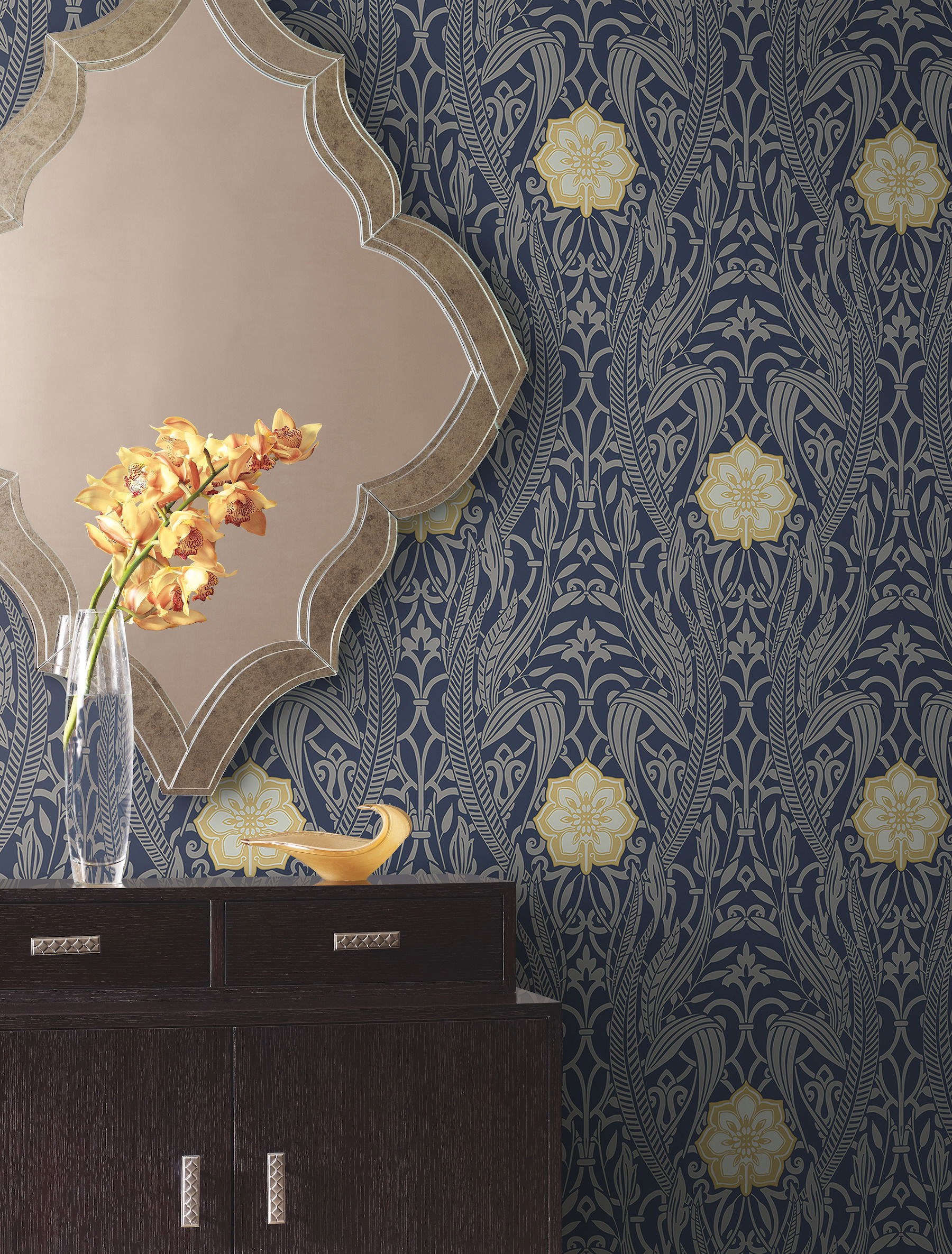 Gatsby Damask Navy Wallpaper large image 