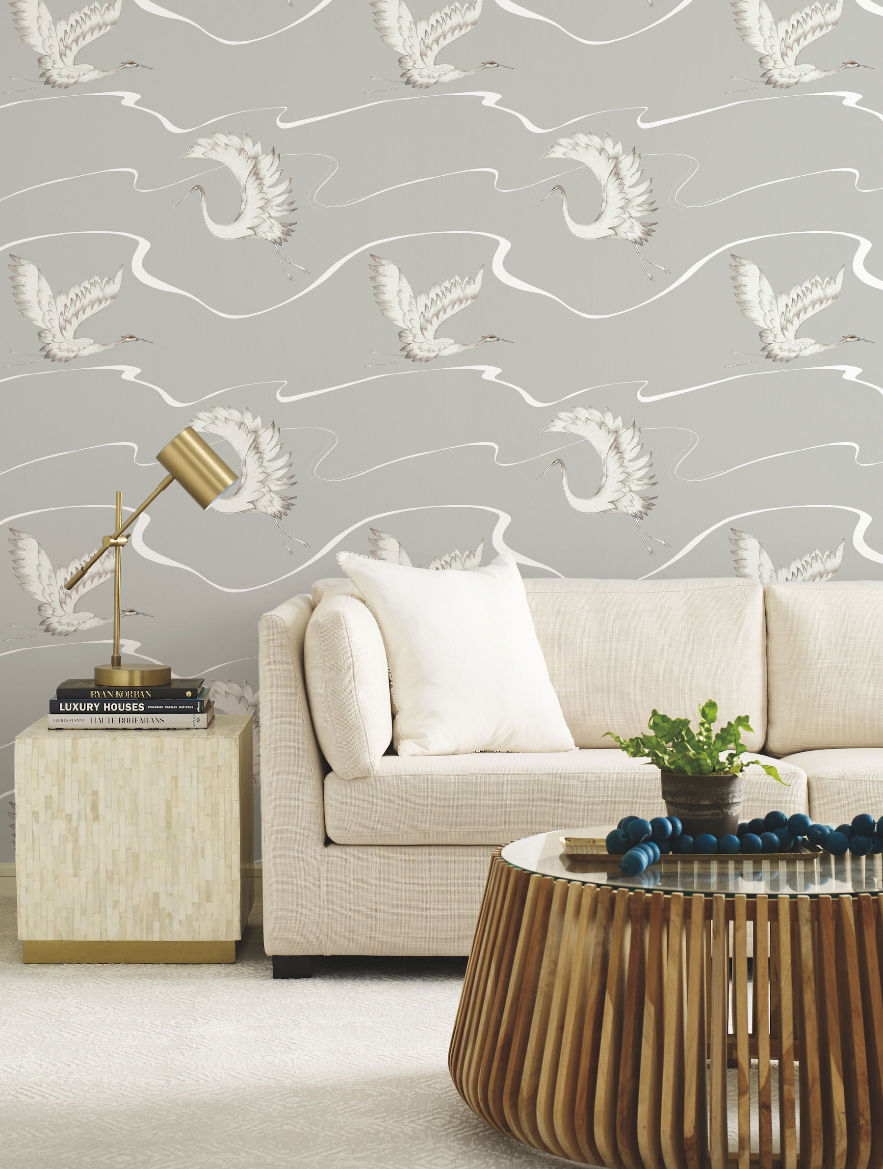 Soaring Cranes Taupe Wallpaper large image 