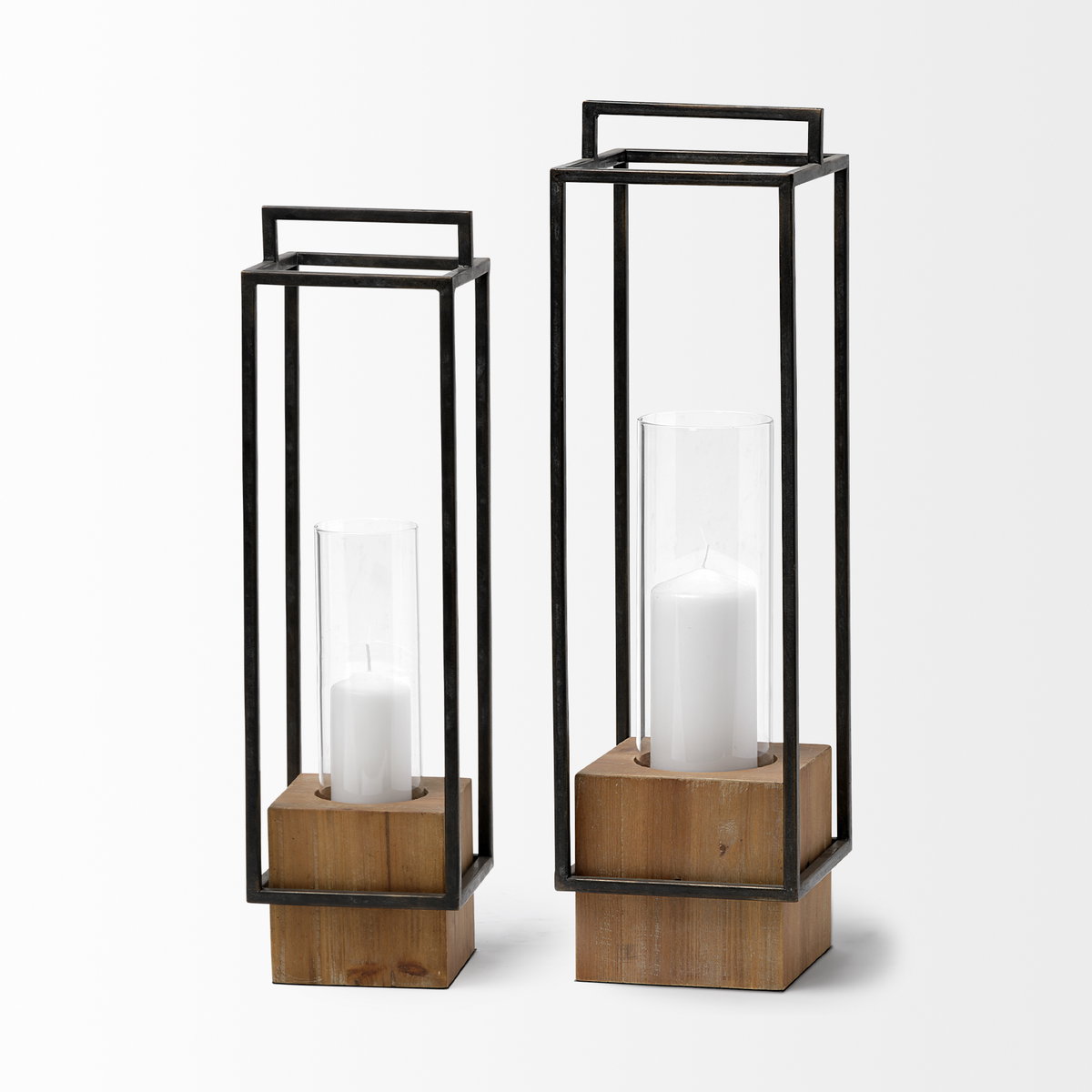 Orionis Large Wood with Black Metal Lantern Candle Holder, Lighting by Mercana, 6.69" length x 6.69" width x 23.82" height View 6
