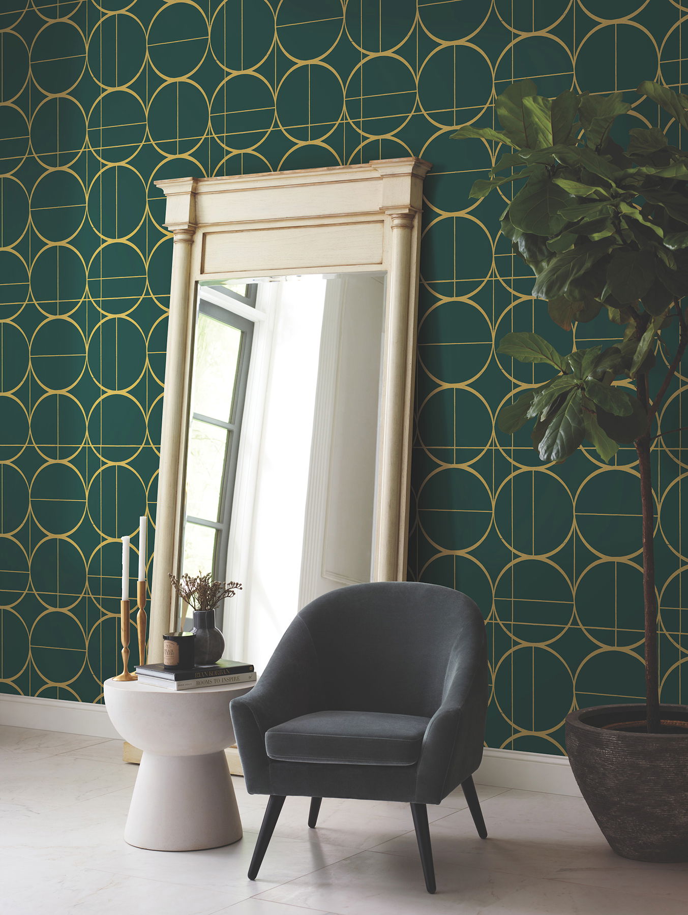 Sun Circles Emerald & Gold Wallpaper Sun Circles Emerald & Gold Wallpaper large image