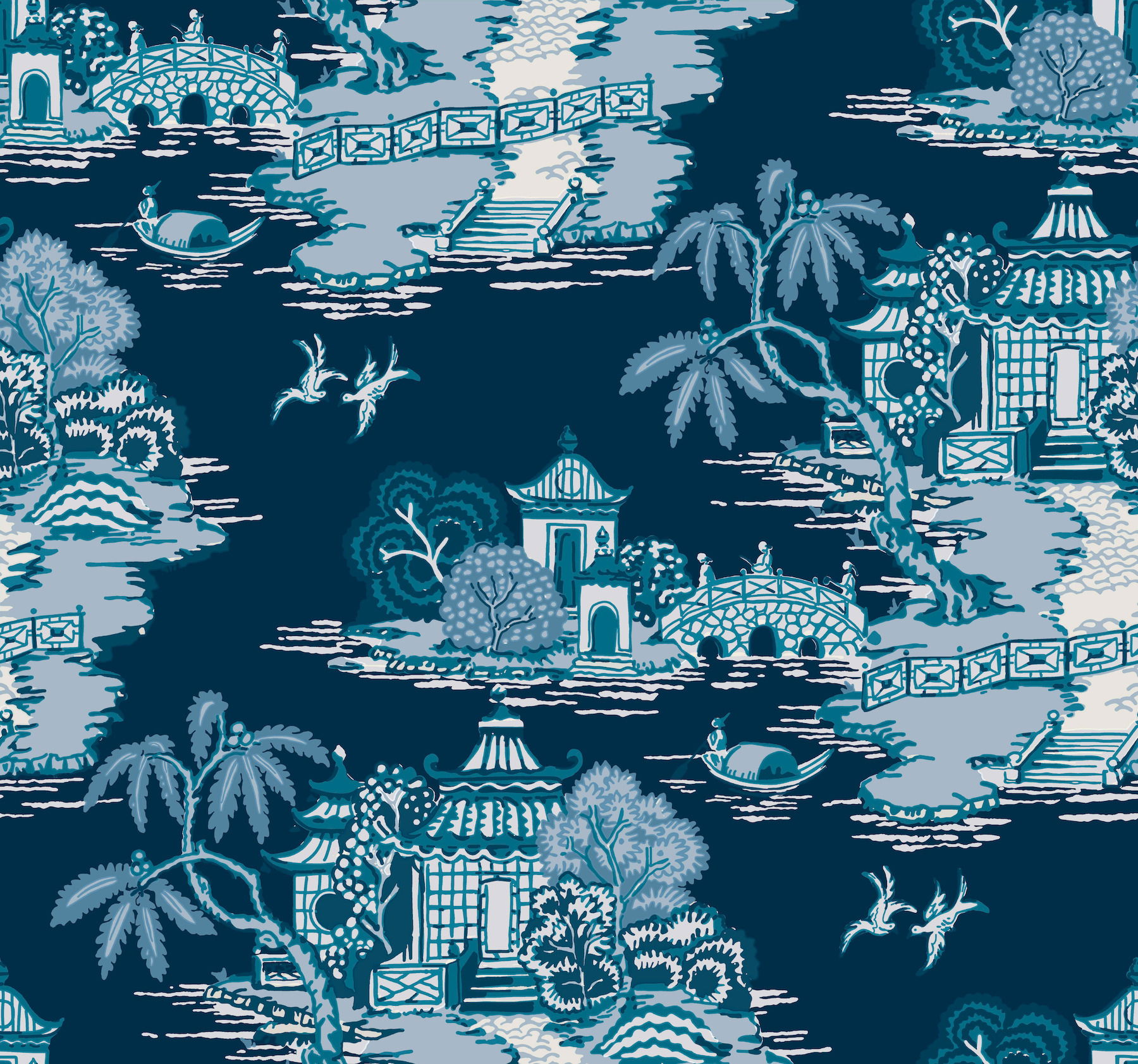 Pagoda And Sampan Scenic Navy Wallpaper large image 