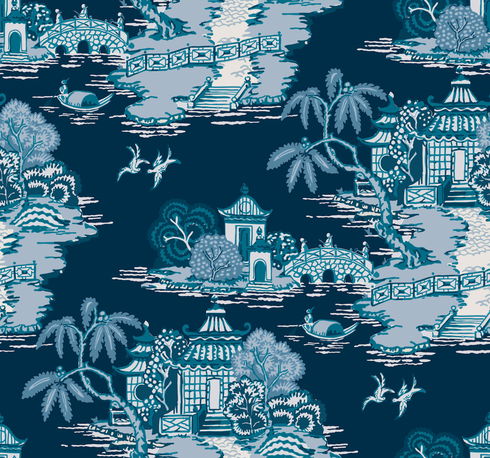 Pagoda And Sampan Scenic Navy Wallpaper