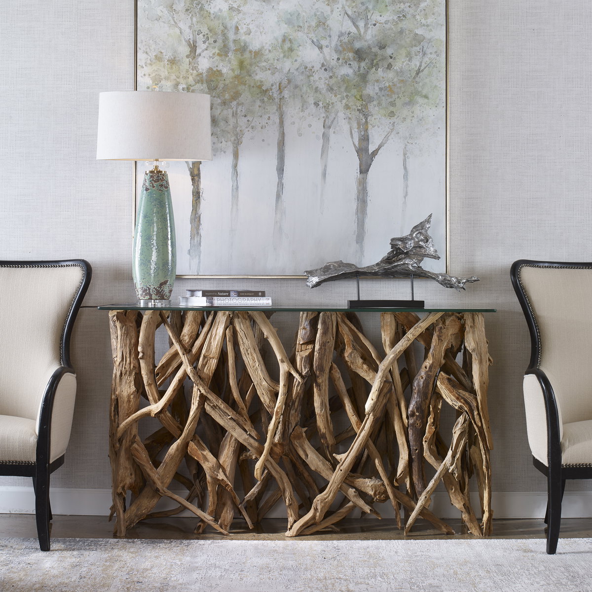 Teak Wood Console, Console Table by Uttermost, 59" width x 34.6" height x 17.72" depth View 2