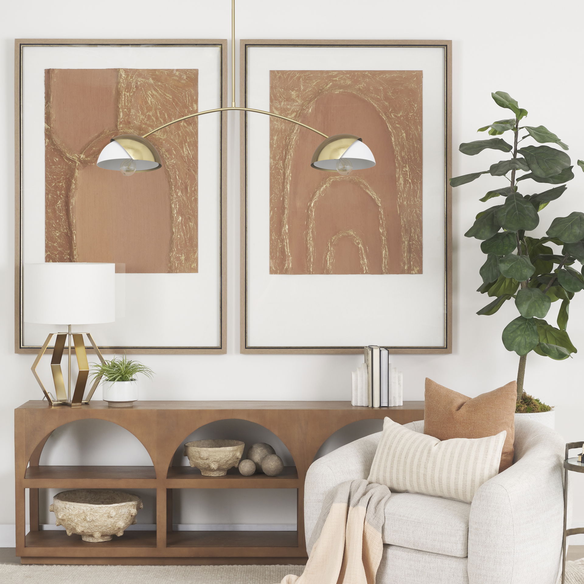 Cybill Brushed Brass with White Metal Shades 2-Light Chandelier, by Mercana, 41.73" length x 9.45" width x 9.75" height View 2