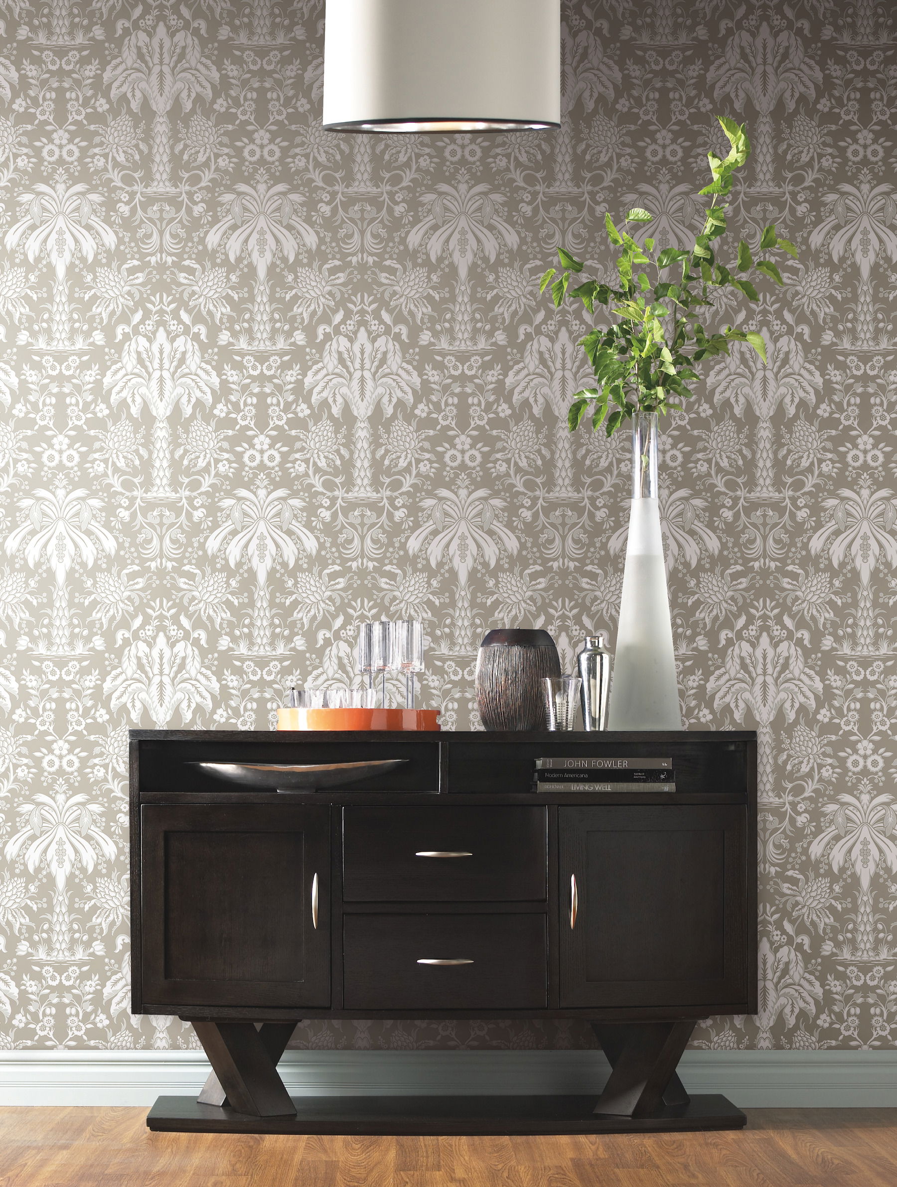 Palmetto Palm Damask Beige Wallpaper large image 