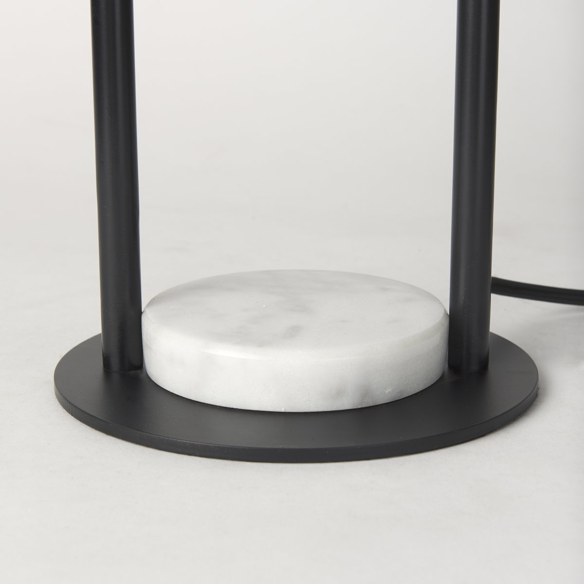 Sarah  Arched Black Metal with Marble Cube and White Shade Table Lamp, by Mercana, 15" length x 10" width x 22.2" height View 11