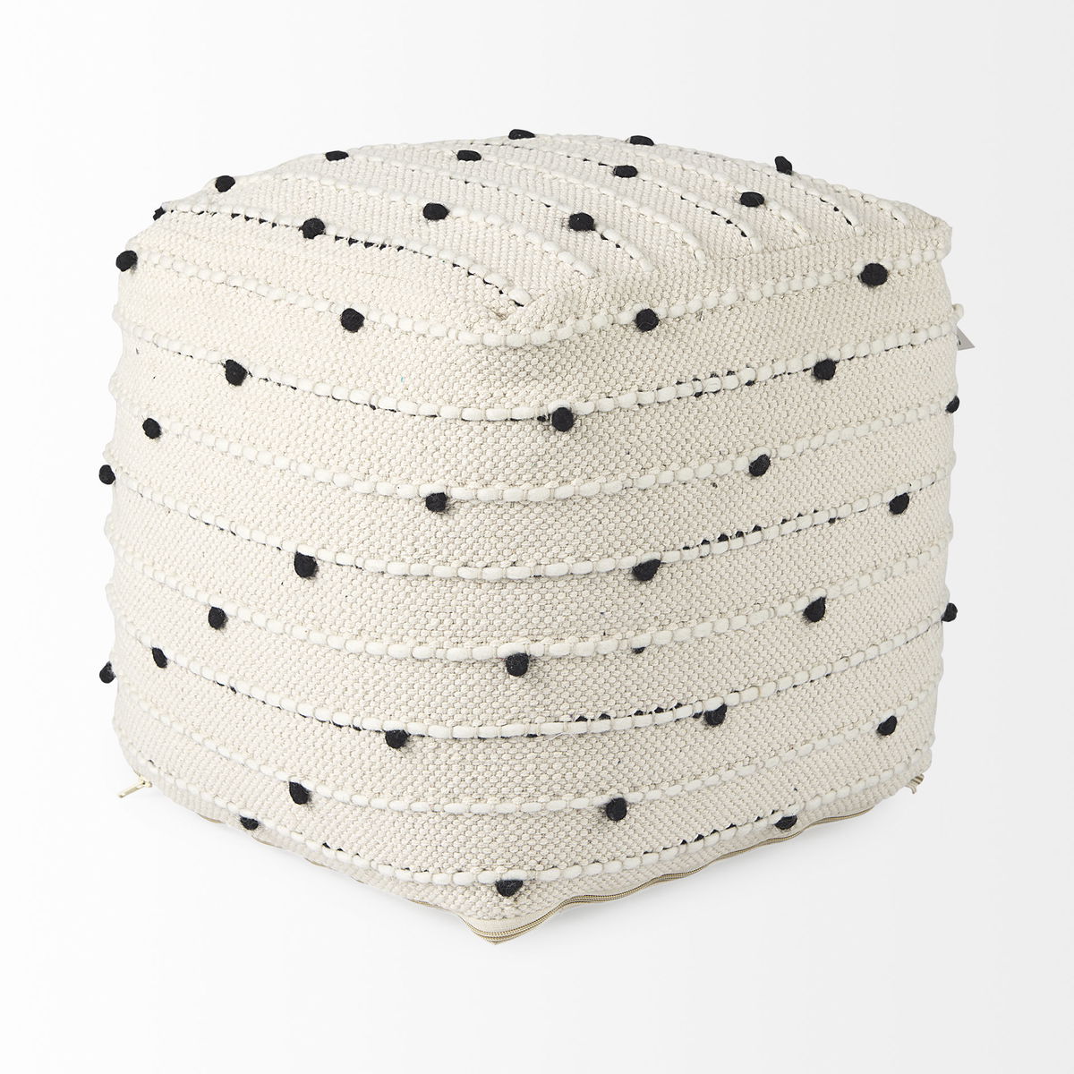 Amaira  Cream/Black/White patterned Wool and Cotton Pouf, Ottoman by Mercana, 16" length x 16" width x 16" height View 4