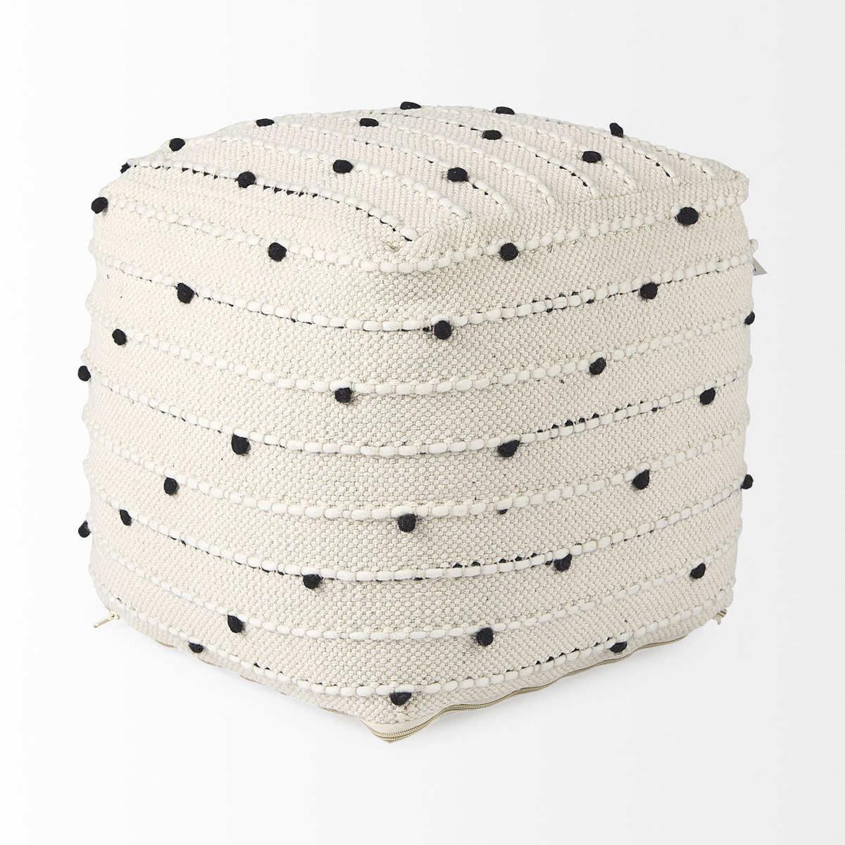 Amaira  Cream/Black/White patterned Wool and Cotton Pouf, Ottoman by Mercana, 16" length x 16" width x 16" height View 4