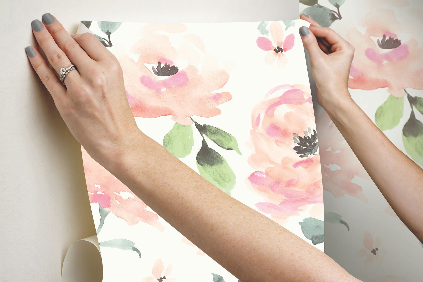 Watercolor Blooms Coral Peel & Stick Wallpaper large image 