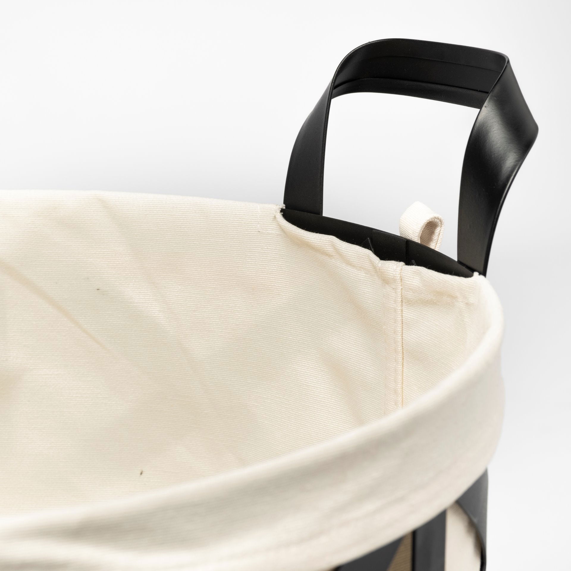 Liya 18L x 15W Black Metal Basket with Cream Fabric Liner, Bins & Basket by Mercana, 18.11" length x 14.57" width x 17.32" height View 7